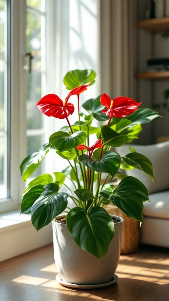 A vibrant anthurium plant with red flowers and green leaves placed in a bright room.