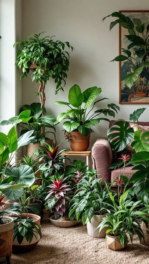 A variety of lush indoor plants arranged in a cozy living space.