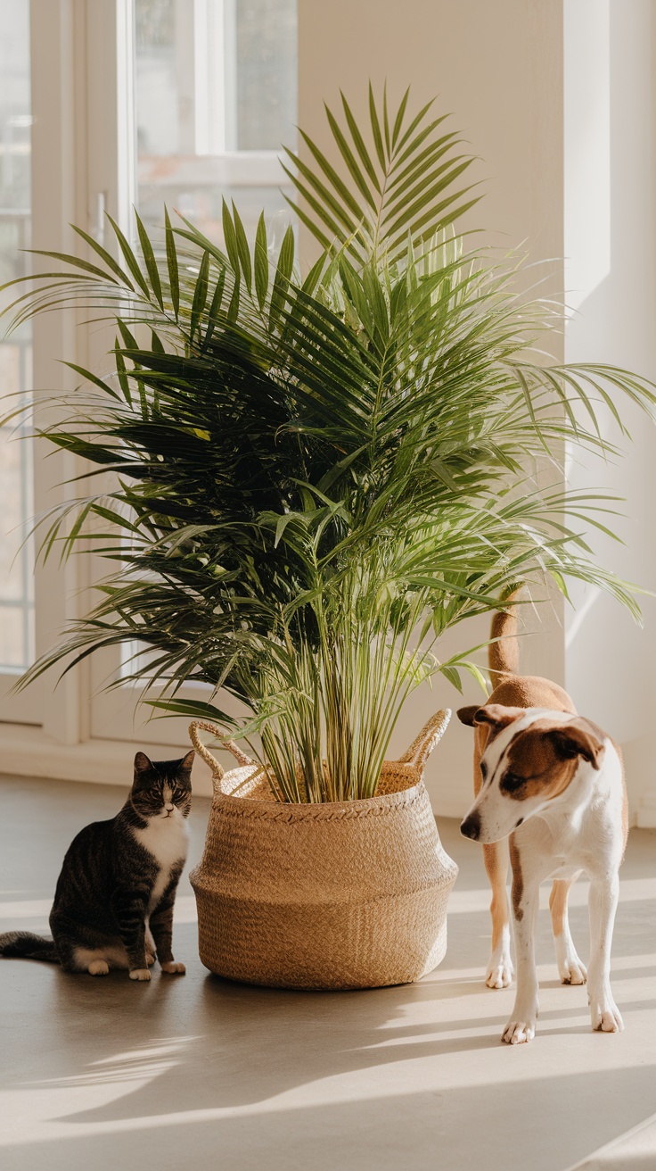 Areca Palm with a cat and dog nearby in a cozy indoor setting