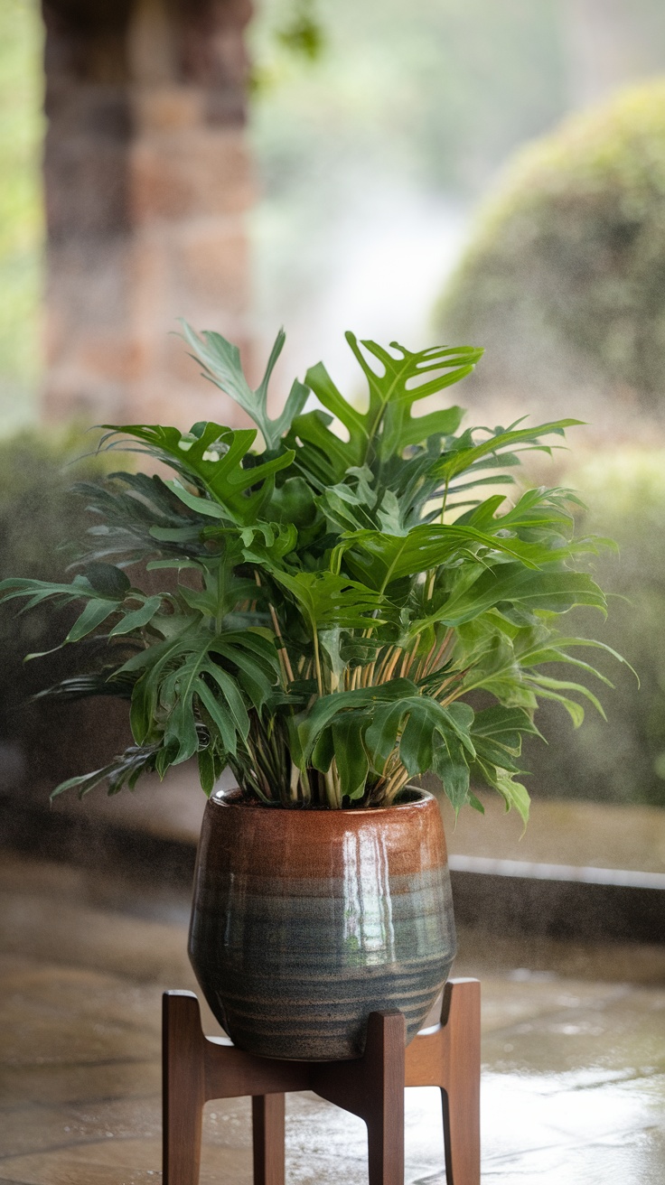 A lush Arrowhead Plant in a decorative pot, thriving in a humid environment.