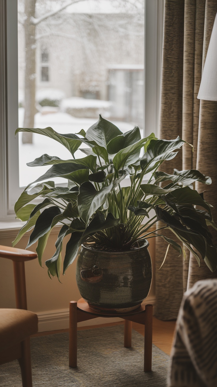 A lush Aspidistra plant in a stylish pot, sitting in a room with snow outside the window.