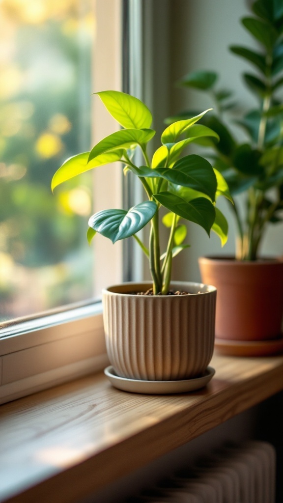 A Baby Rubber Plant on a windowsill, showcasing lush green leaves in a decorative pot.