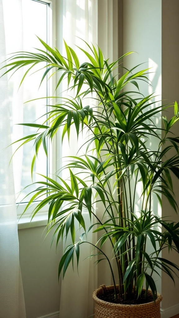 A tall Bamboo Palm plant positioned near a window with sunlight filtering through the leaves.