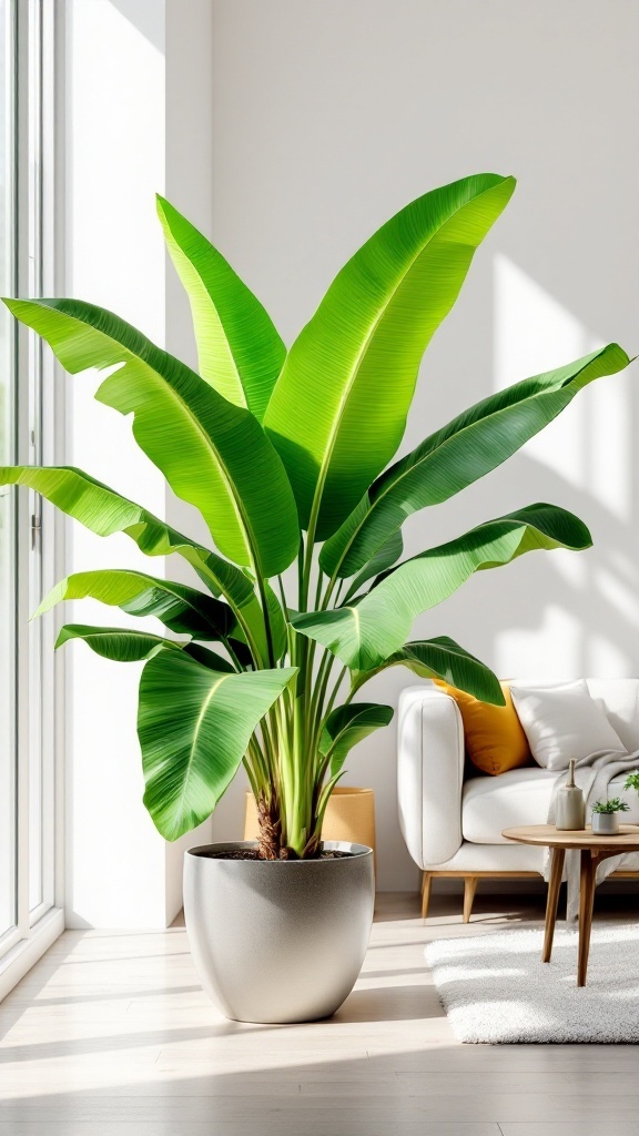 A large banana plant in a stylish pot, brightening up a living room with large leaves.