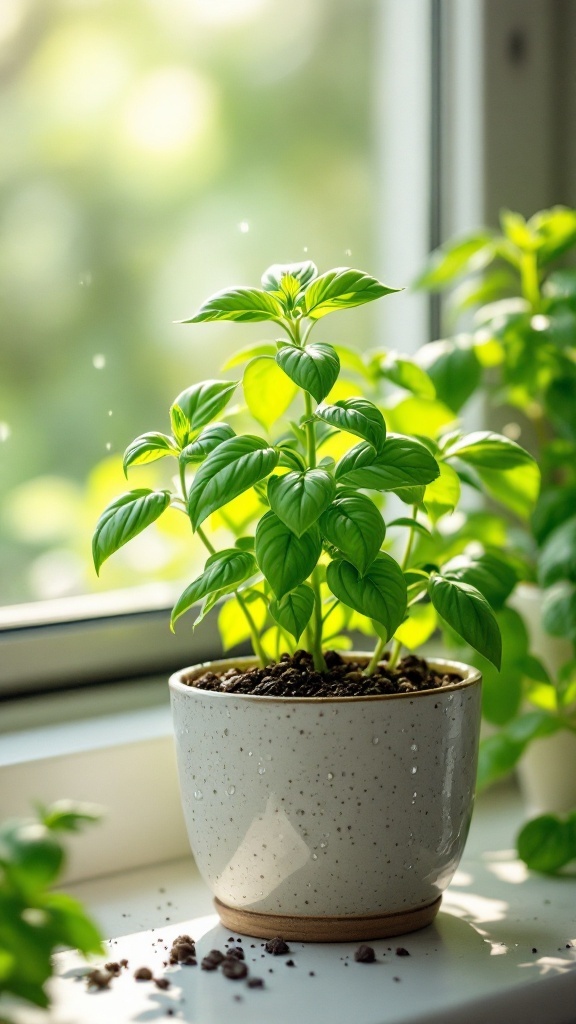 A lush basil plant in a pot on a sunny windowsill, showcasing vibrant green leaves.