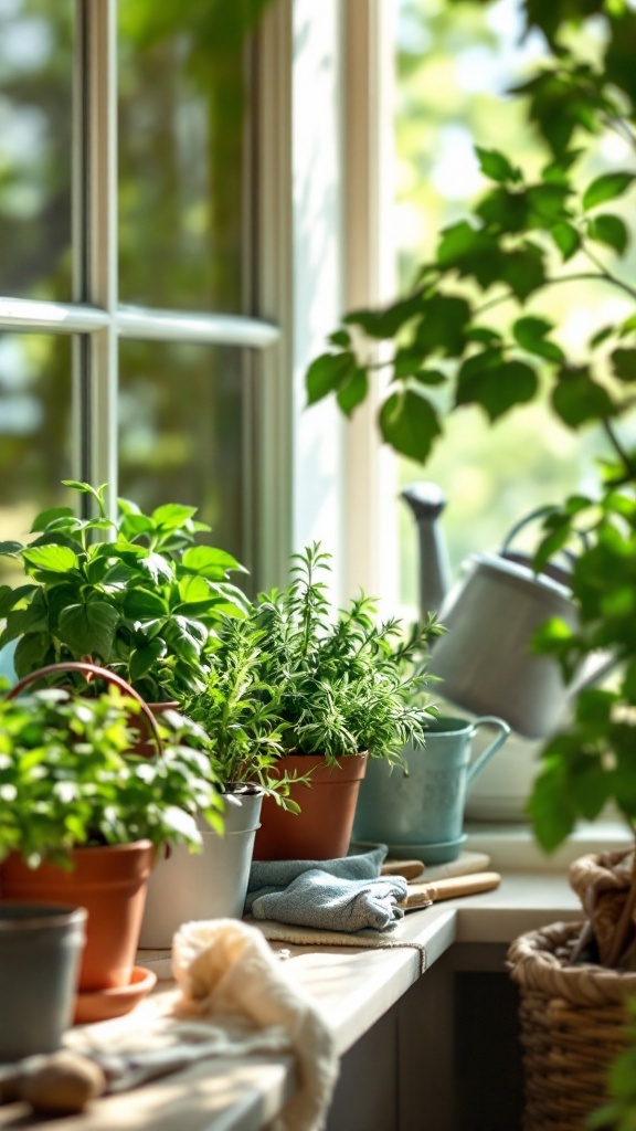 Indoor herb garden on a sunny windowsill with various pots of fresh herbs.