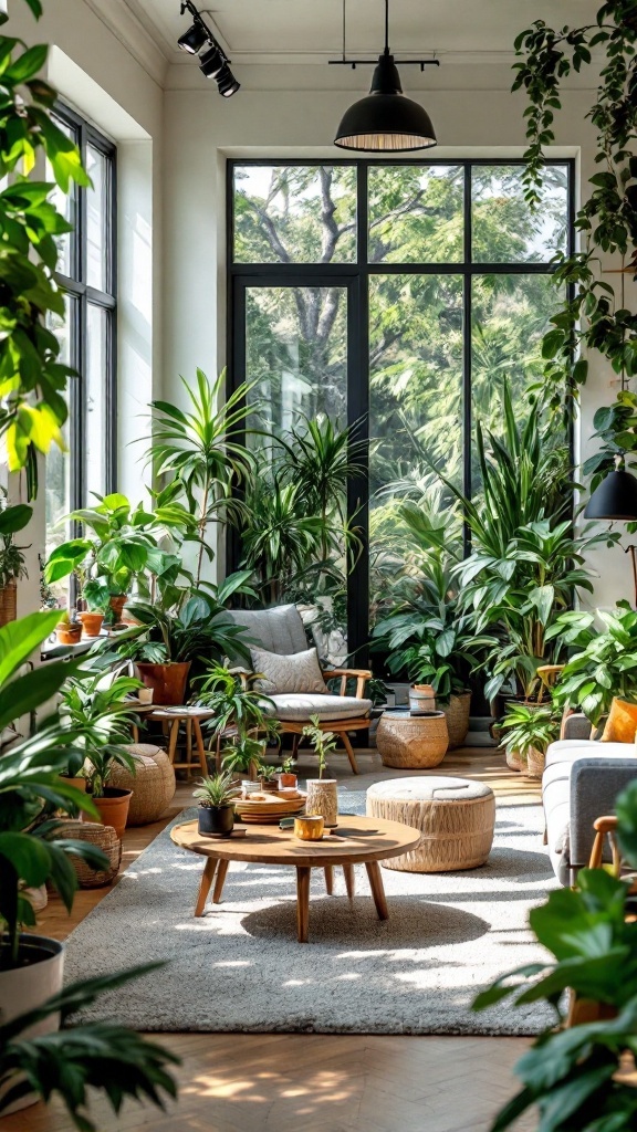 A bright and vibrant living space filled with various houseplants, showcasing biophilic design.