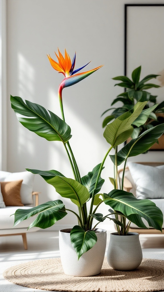 A Bird of Paradise plant with large green leaves and a vibrant orange and blue flower in a modern living room setting.