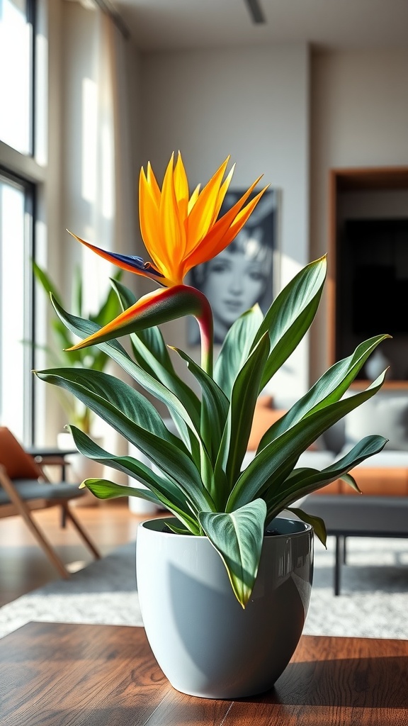 A Bird of Paradise plant with bright orange flowers and large green leaves in a modern living room.