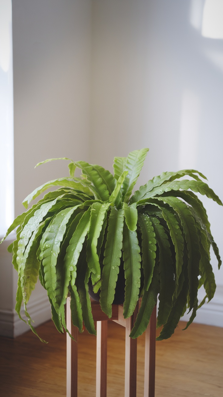 A lush Bird's Nest Fern with wavy green fronds, positioned on a wooden plant stand in a well-lit room.