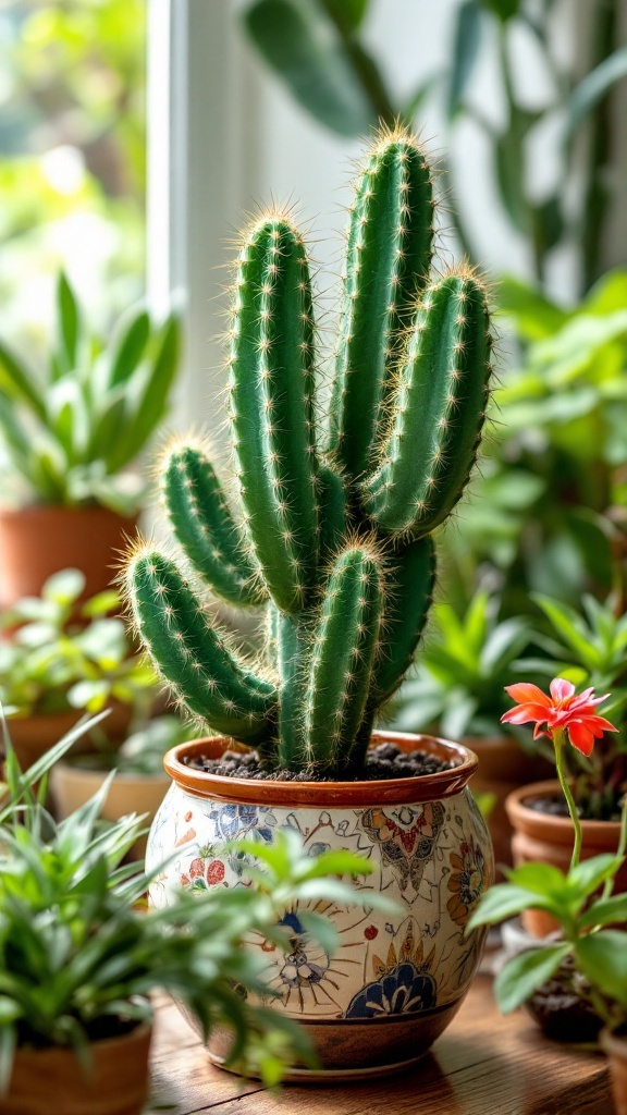 A Boobie Cactus in a decorative pot surrounded by other houseplants.