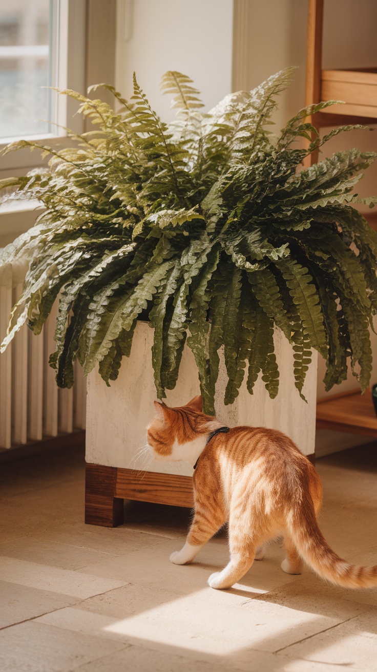 A Boston Fern in a decorative pot with a curious cat nearby, showcasing pet-friendly indoor greenery.