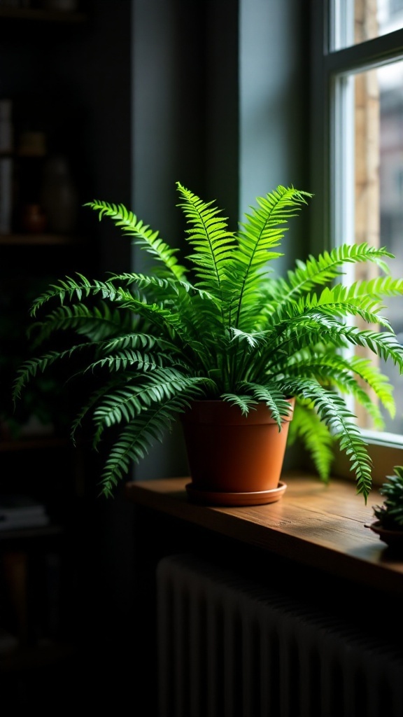 A Boston Fern in a pot placed by a window.