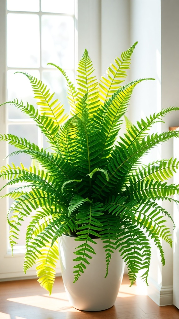 A vibrant Boston Fern in a white pot, thriving in sunlight by a window