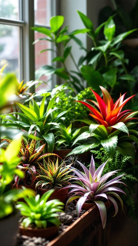 A vibrant display of various bromeliads in pots, showcasing colorful leaves and blooms near a window.