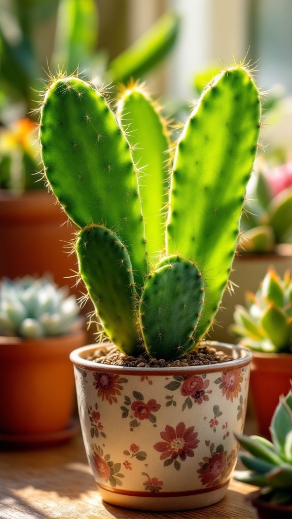 Bunny Ear Cactus in a decorative pot with floral design.