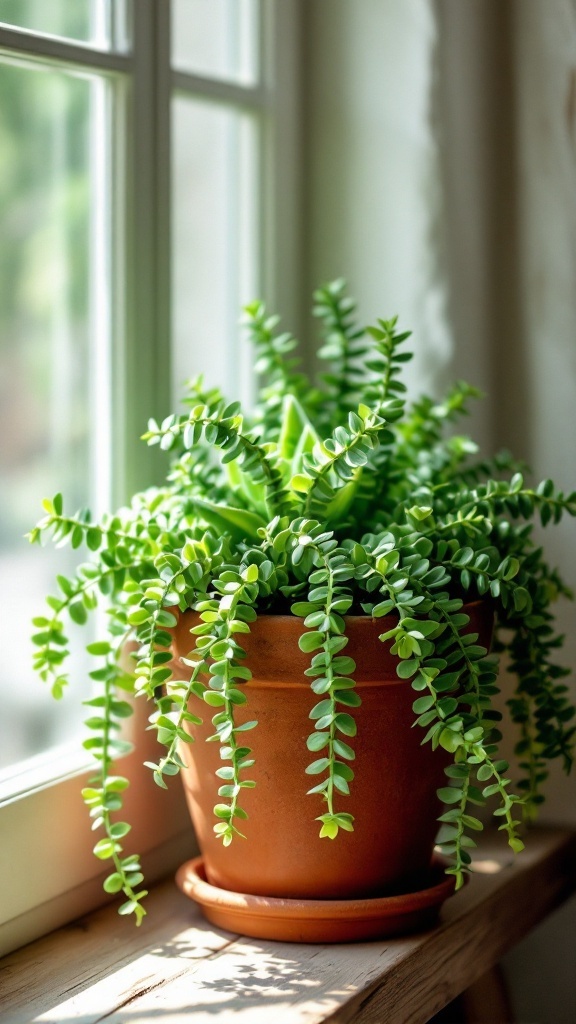 A potted Burro's Tail succulent with long trailing leaves near a window.