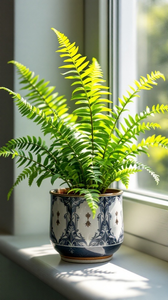 A Button Fern in a decorative pot by the window, showcasing its vibrant green fronds.