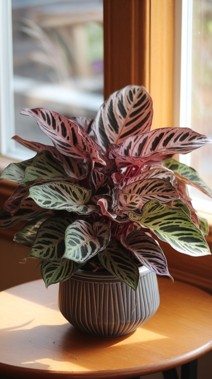 A vibrant Calathea plant with patterned leaves in a decorative pot, placed near a window.