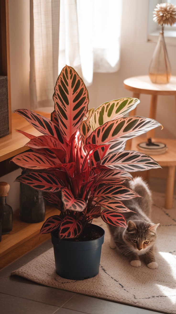 A Calathea plant with colorful leaves next to a cat in a cozy indoor setting.