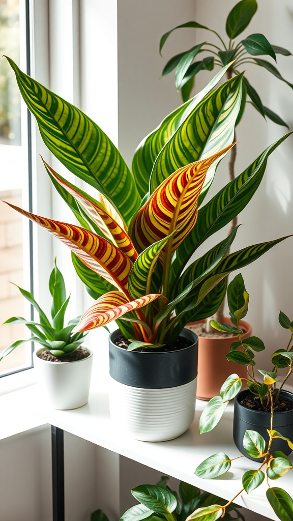 A collection of Calathea plants featuring striking leaf patterns in a bright indoor setting.