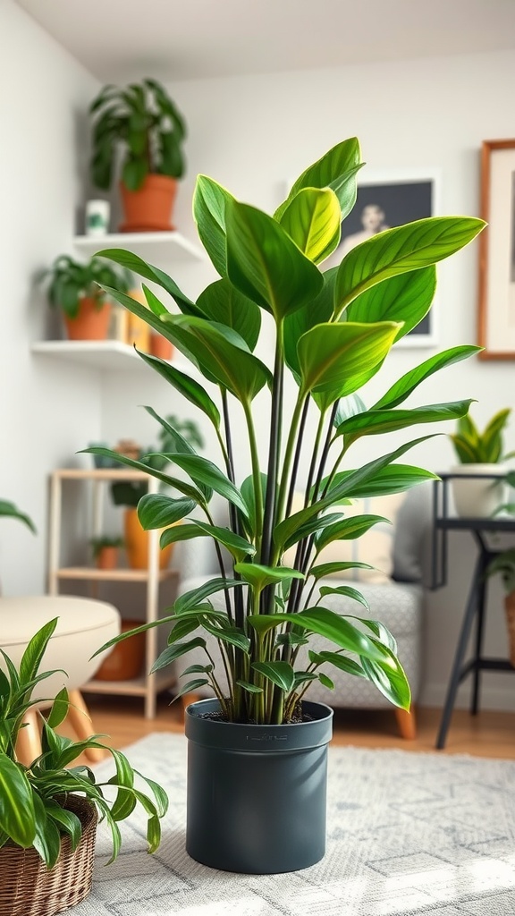 A healthy Cast Iron Plant with large green leaves in a stylish pot, positioned in a bright indoor space.