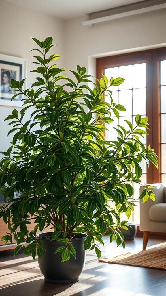 A healthy Chinese Evergreen plant in a bright room with sunlight streaming through the windows.