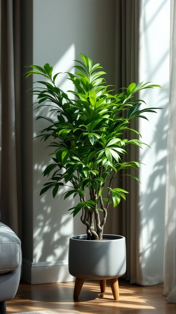 A healthy Chinese Evergreen plant in a modern pot, positioned in a bright room by the window.