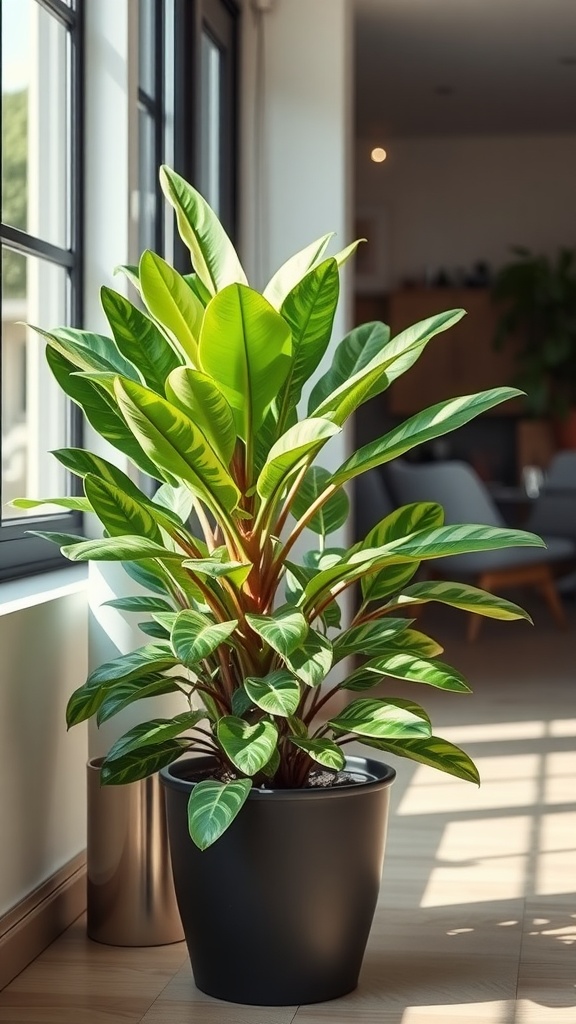 A vibrant Chinese Evergreen plant in a black pot near a window.