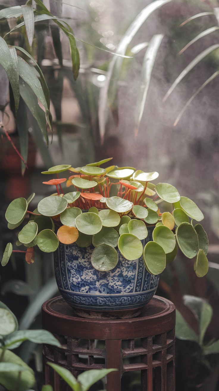 A Chinese Money Plant in a blue pot, surrounded by moisture-loving plants.