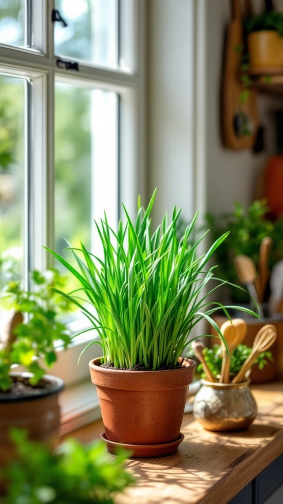 A pot of green chives on a windowsill with sunlight coming through.