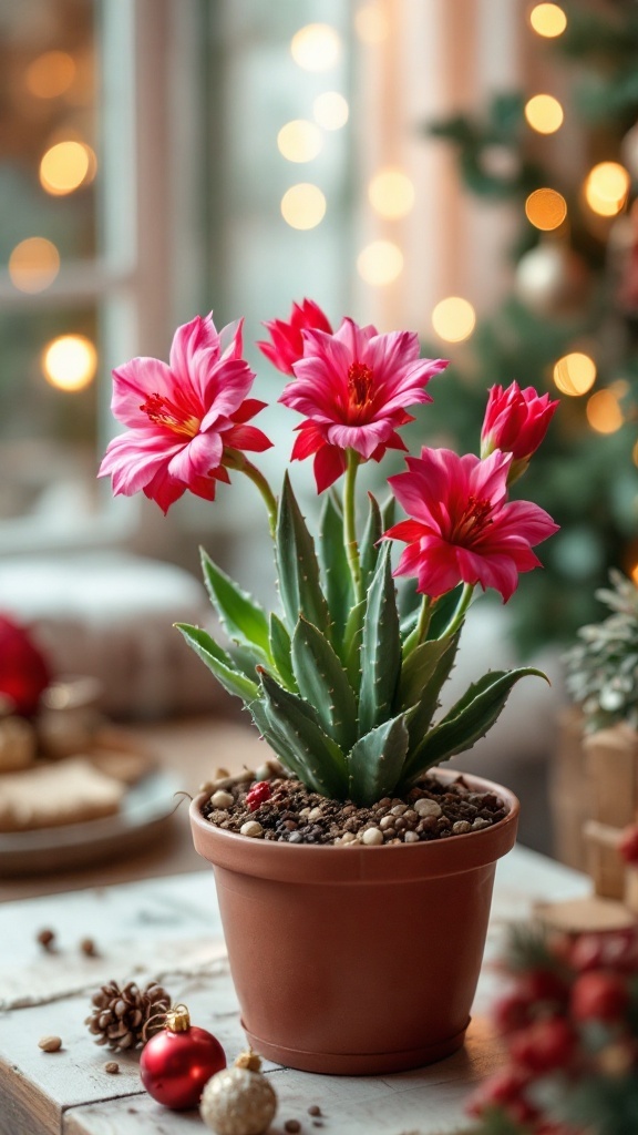 A Christmas Cactus with pink flowers in a cozy indoor setting, surrounded by festive decorations.