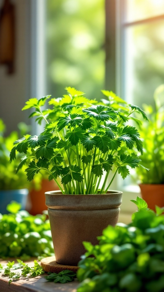 A healthy cilantro plant in a pot, placed by a sunny window.