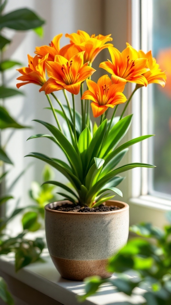 A bright orange Clivia plant in a decorative pot, sitting on a windowsill