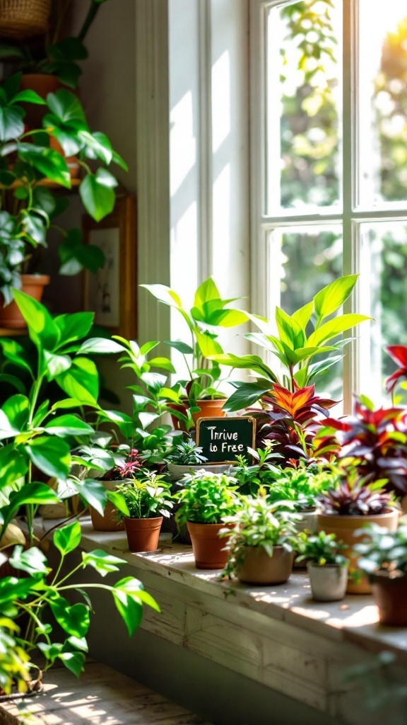 A bright indoor garden with various houseplants on a windowsill, showcasing vibrant greenery and a sign that says 'Thrive to Free'.