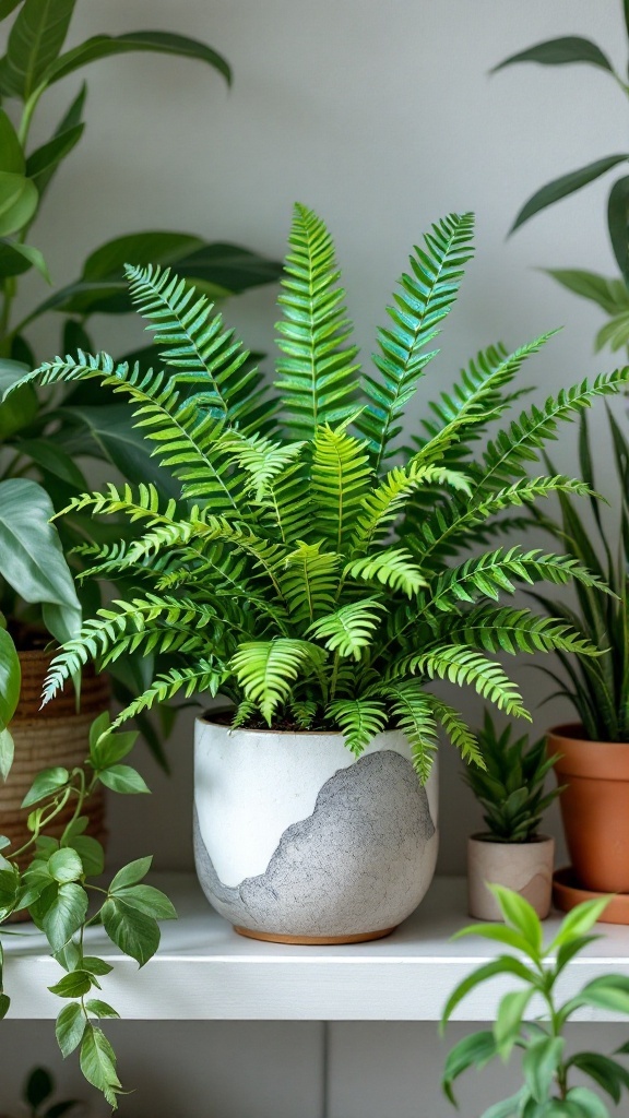 Crested Blue Star Fern in a decorative pot surrounded by other plants