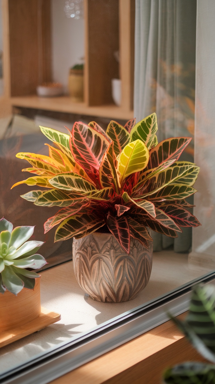 A vibrant Croton plant with colorful leaves in a decorative pot.