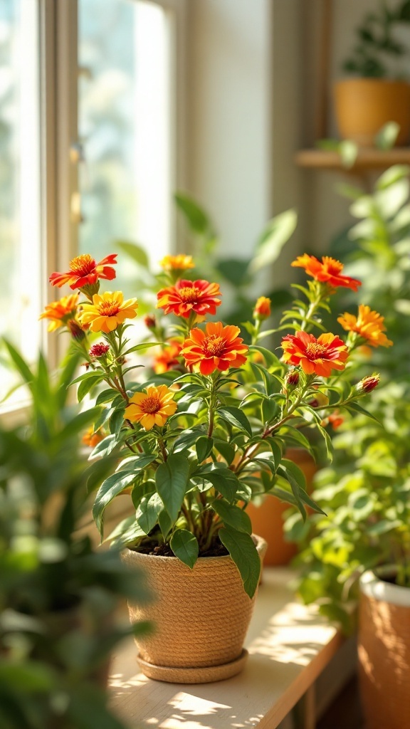 A beautiful Crown of Thorns plant with vibrant flowers in a pot on a sunny indoor shelf.