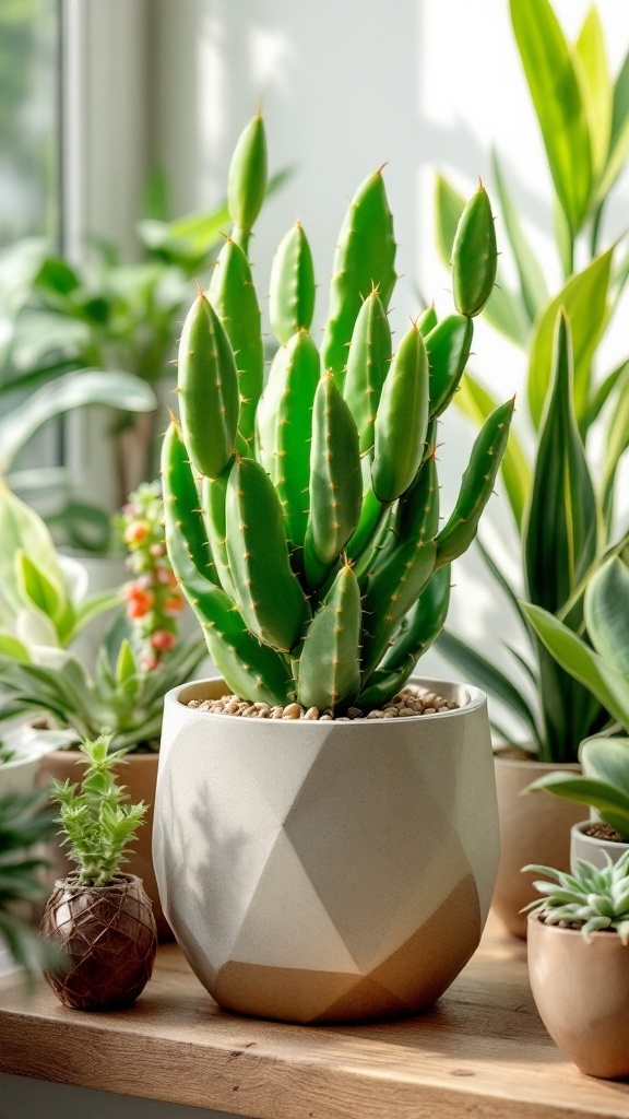 Dancing Bones Cactus in a stylish pot, surrounded by various houseplants.