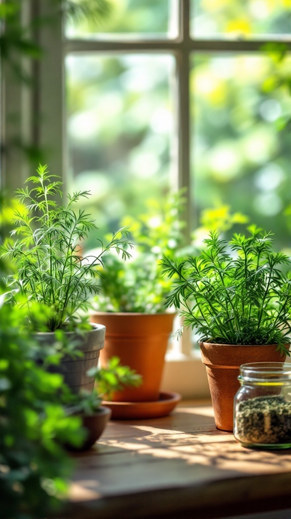 Several pots of dill plants growing indoors by a sunny window