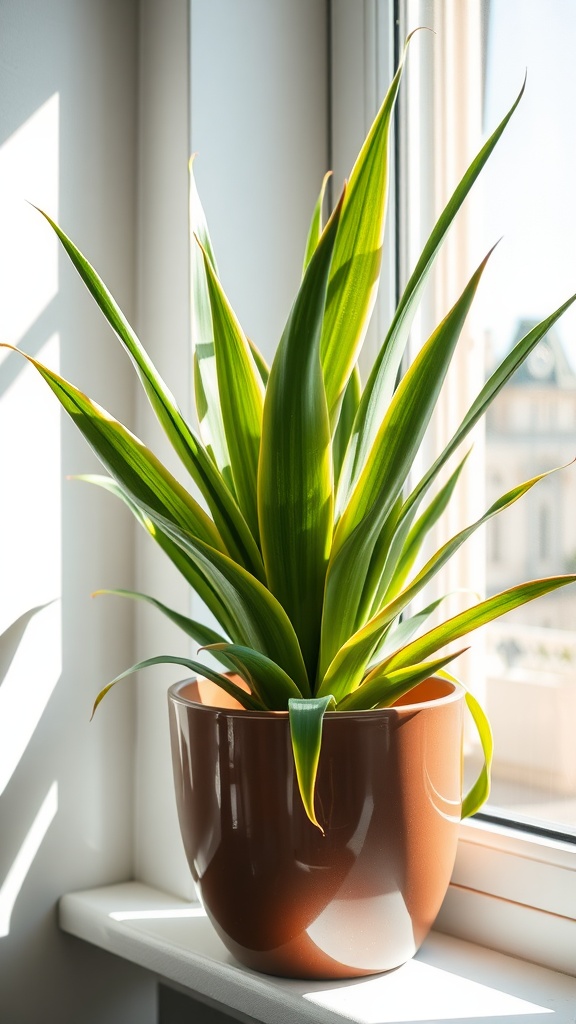 A healthy Dracaena plant with long, green leaves in a brown pot placed on a windowsill.