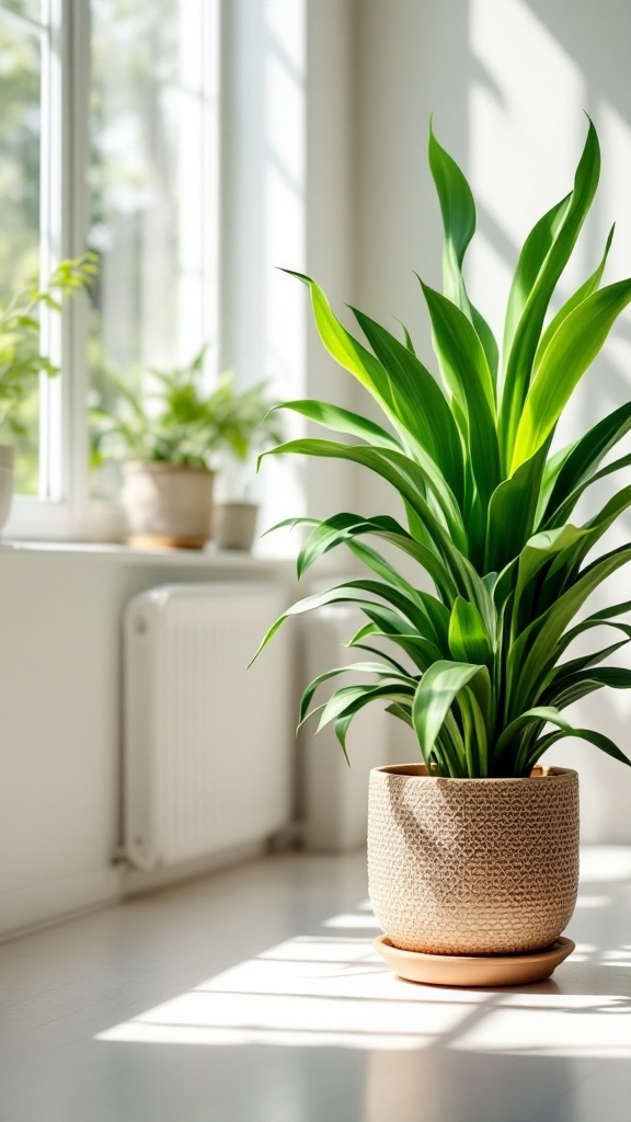 A Dracaena plant in a textured pot, placed near a window with sunlight streaming in.