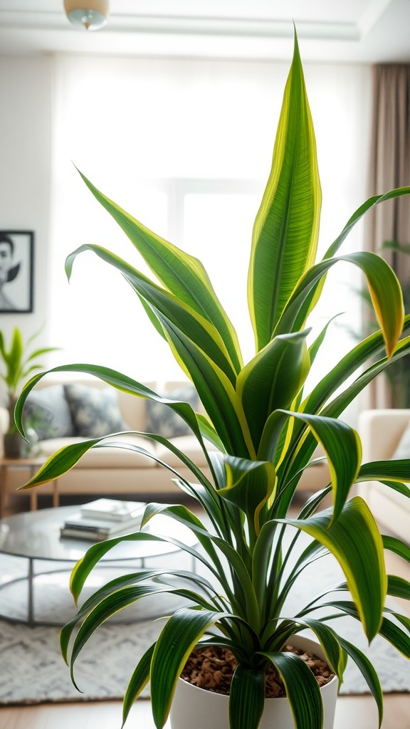 A Dracaena Marginata plant with long green leaves featuring yellow edges, displayed in a modern living room.