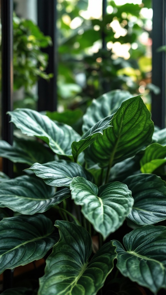 Close-up of Dragon Scale Alocasia leaves with textured patterns.