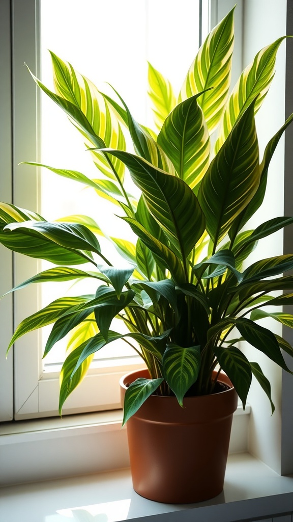 Dumb Cane plant with green and yellow patterned leaves in a pot by a window