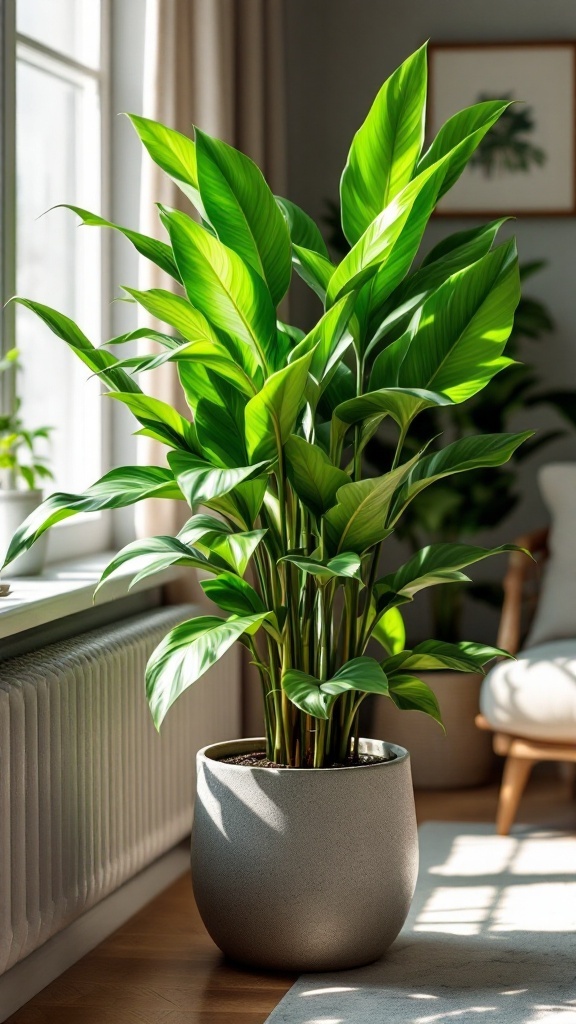 A lush Dumb Cane plant with green leaves and white patterns, placed in a modern pot by a window