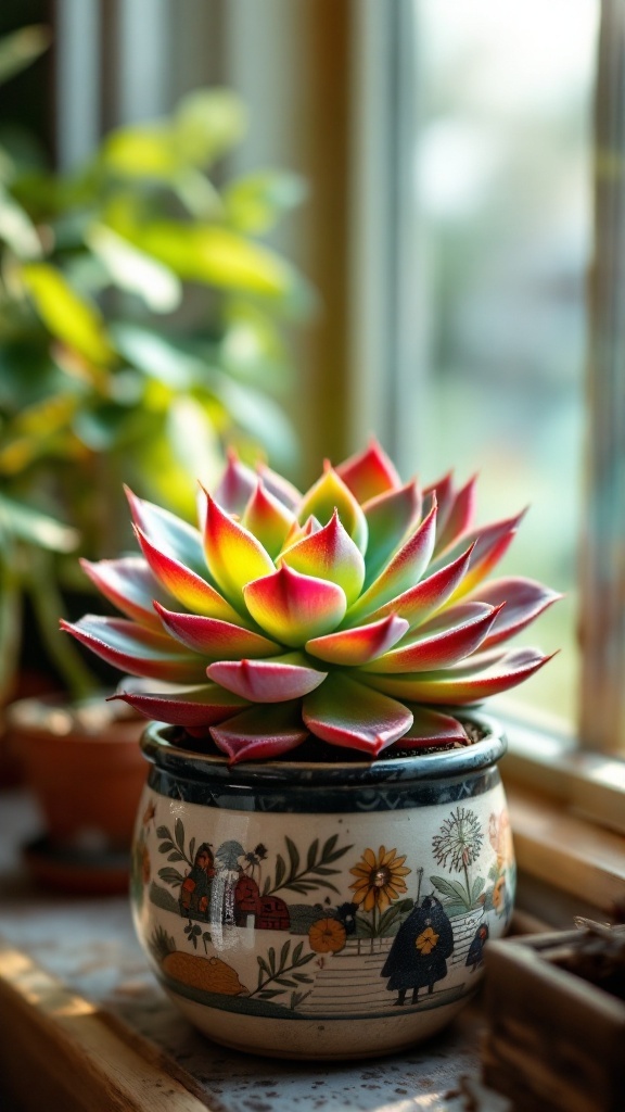 A vibrant Echeveria succulent in a decorative pot, sitting by a sunny window.