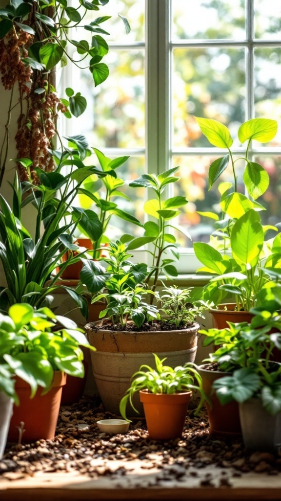 A variety of houseplants in pots by a sunny window, showcasing eco-conscious gardening practices.