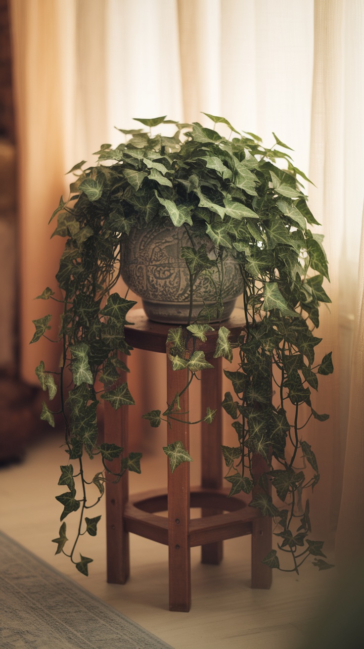 A pot of English Ivy on a wooden stool, with trailing green leaves against a softly lit background.