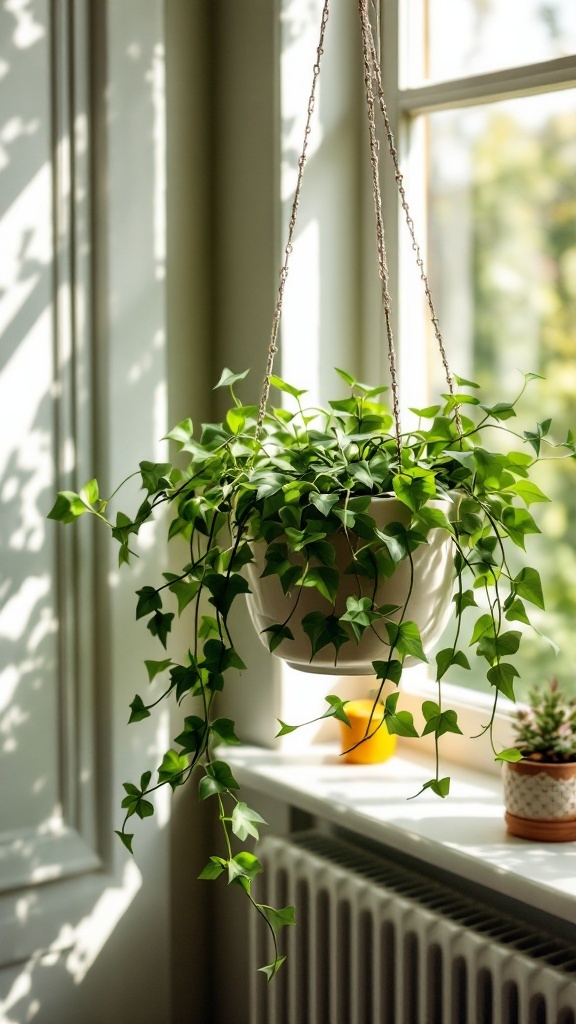 A hanging pot of English Ivy positioned near a window, showcasing its lush green leaves and trailing vines.